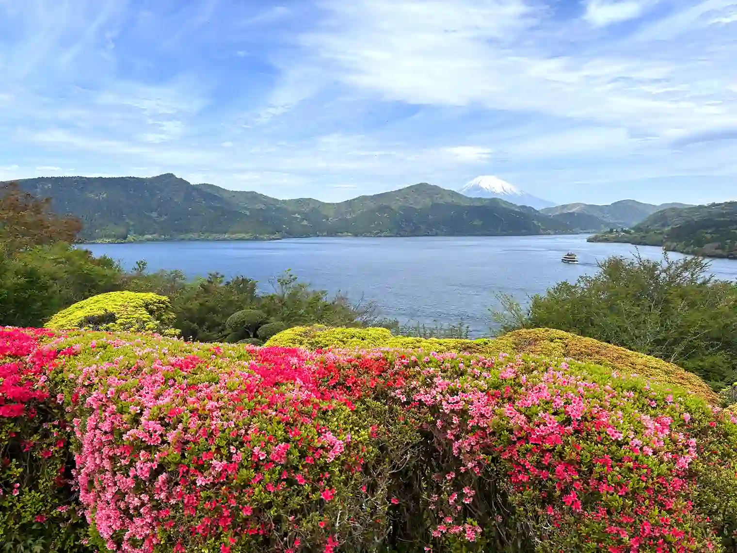 弁天の鼻展望台から見るツツジと芦ノ湖と富士山